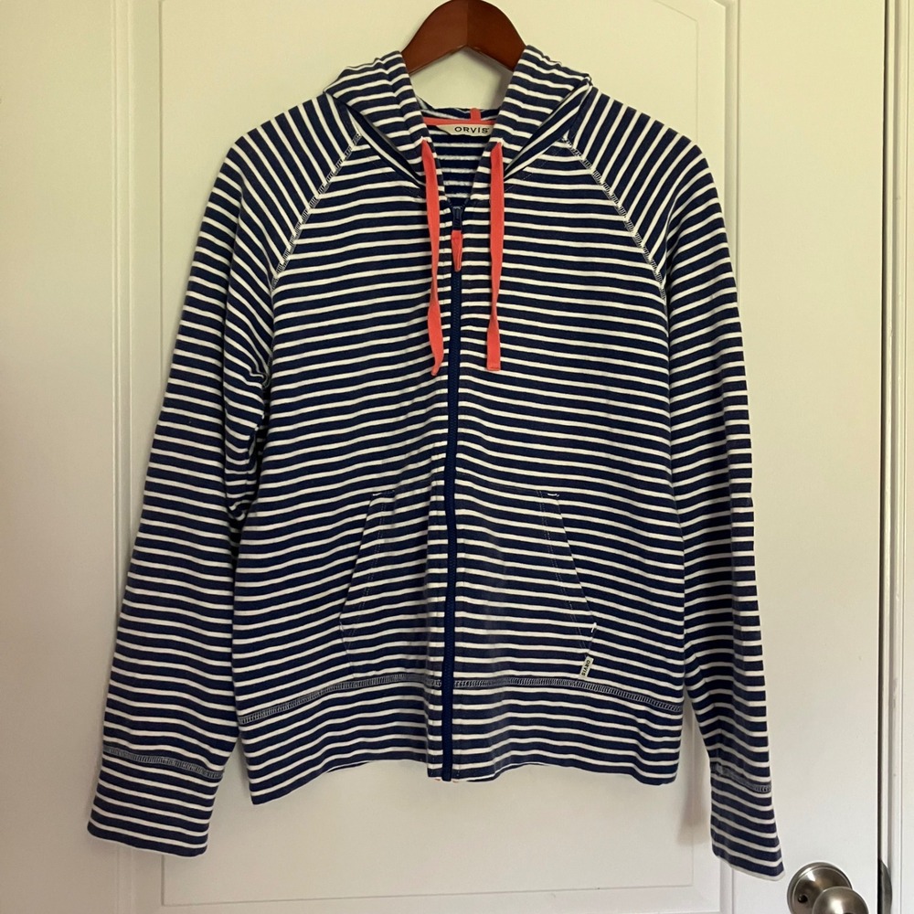 Orvis Womens M Full Zip Hoodie Navy White Striped Cotton Coral Drawstring 2KB7